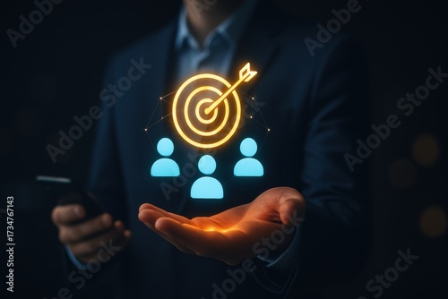 Businessman holding glowing holographic bullseye and people icons symbolizing target audience
