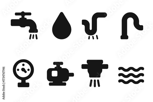 Water Icon Set. Water flow. Filled icon set of Water flow: faucet, droplet, flowing pipe, curved drain,
