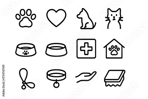 Animal Welfare Icons. Animal Welfare. Line outline icon set of Animal Welfare: paw print, heart, dog, cat,