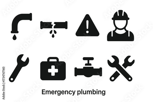 Emergency Plumbing Icons. Emergency plumbing. Filled icon set of Emergency plumbing: water leak, burst pipe,
