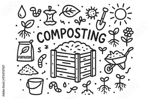 Composting Doodle Illustration. Composting. Hand-drawn doodle illustration of composting. In the middle, one