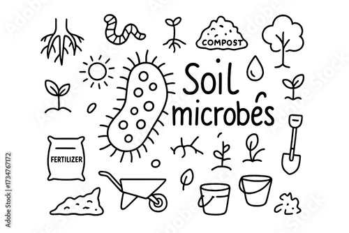 Soil Microbes Doodle. Soil microbes. Hand-drawn doodle illustration of soil microbes. In the middle, one