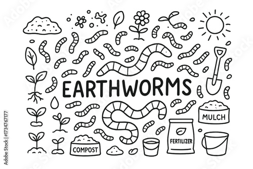 Earthworm Doodle Art. Earthworms. Hand-drawn doodle illustration of earthworms. In the middle, one slightly