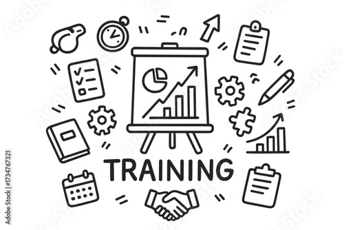 Training Doodle Montage. Training. Hand-drawn doodle illustration of Training. In the middle, one slightly