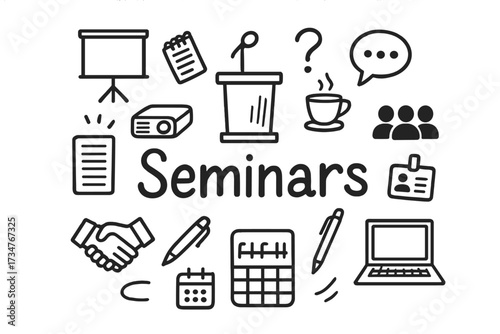 Doodle Seminar Icons. Seminars. Hand-drawn doodle illustration of Seminars. In the middle, one slightly larger