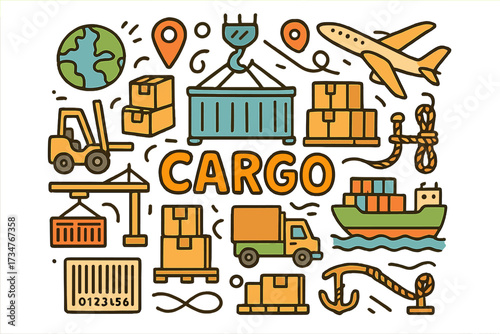 Colorful Cargo Doodle. Cargo. Hand-drawn doodle illustration of Cargo. shipping container, boxes, pallets,