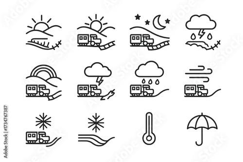 Scenic Train Ride Icons. Taking a scenic train ride through picturesque countryside. Line outline icon set of