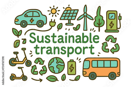 Sustainable Transport Icons. Sustainable transport. Hand-drawn doodle illustration of Sustainable transport.