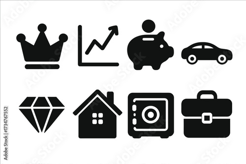 Wealth Icon Set. Wealth Management. Filled icon set of Wealth Management: crown, investment graph, piggy bank,