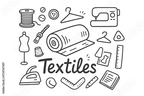 Textile Doodle Art. Textiles. Hand-drawn doodle illustration of Textiles. In the middle, one slightly larger
