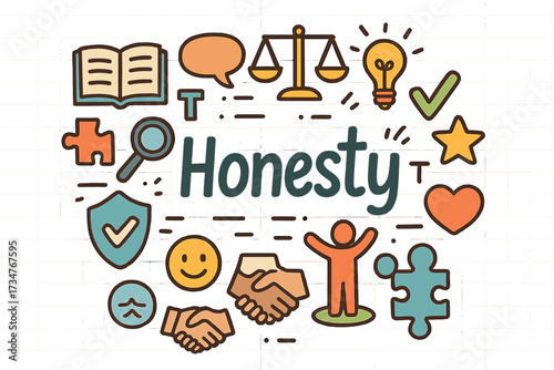 Colorful Honesty Doodle. Honesty. Hand-drawn doodle illustration of Honesty. open book, speech bubble, scales,