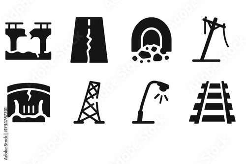 Damaged Infrastructure Icons. Damaged Infrastructure. Filled icon set of Damaged Infrastructure: broken bridge