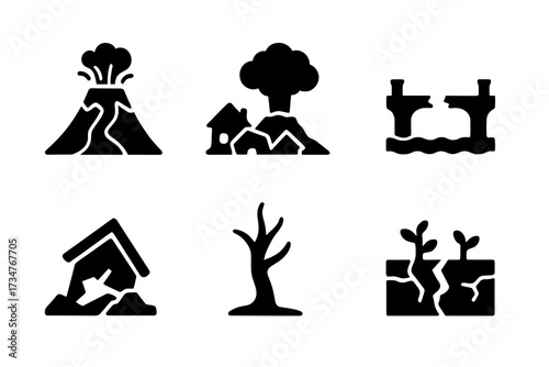 Volcanic Disaster Icons. Volcanic Damage. Filled icon set of Volcanic Damage: lava flow, destroyed village,