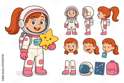 Astronaut Girl Character Kit. Cartoon realistic vector illustration, Character constructor style, isolated