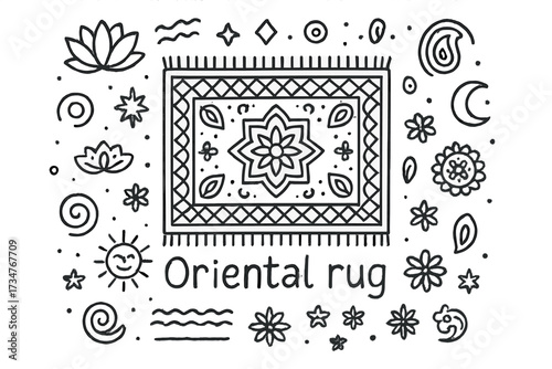 Doodle Oriental Rug. Oriental rug. Hand-drawn doodle illustration of Oriental rug. In the middle, one slightly