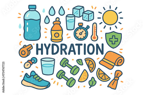 Stay Hydrated Doodle Art. Hydration. Hand-drawn doodle illustration of Hydration. water bottle, sweat drops,