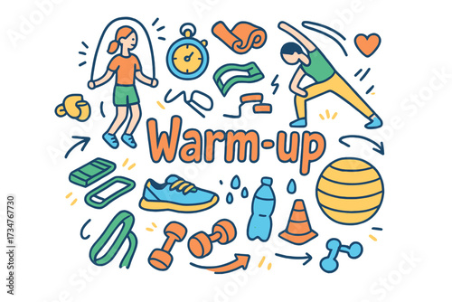 Energetic Warm-Up Doodles. Warm-up. Hand-drawn doodle illustration of Warm-up. jumping rope, stretching figure