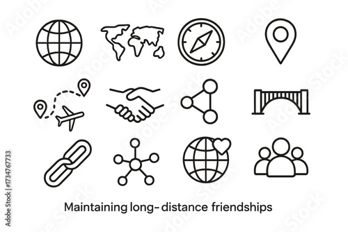Long-Distance Friendship Icons. Maintaining long-distance friendships. Line outline icon set of Maintaining