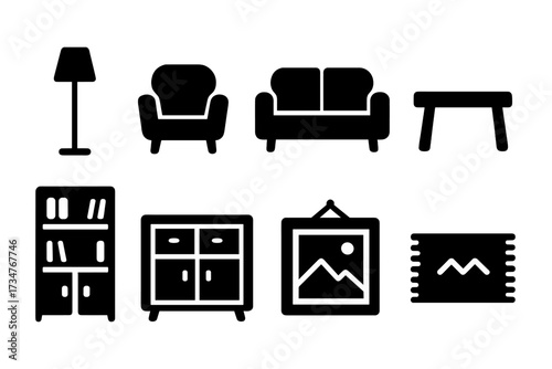 Interior Design Icons. Interior Design. Filled icon set of Interior Design: floor lamp, chair, sofa, coffee