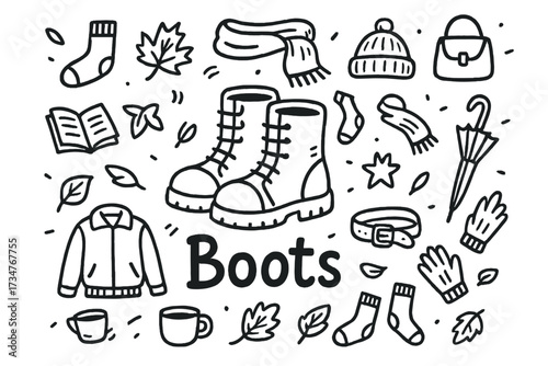 Boots Doodle Art. Boots. Hand-drawn doodle illustration of Boots. In the middle, one slightly larger central