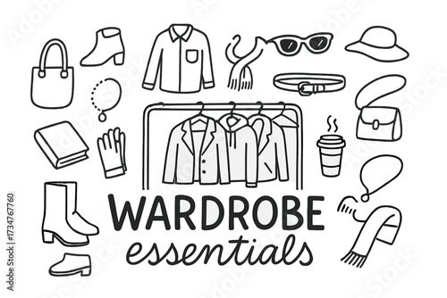 Wardrobe Doodle Essentials. Wardrobe essentials. Hand-drawn doodle illustration of Wardrobe essentials. In the