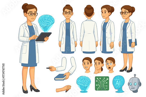 AI Scientist Character Design. Cartoon realistic vector illustration, Character constructor style, isolated