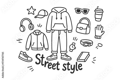 Street Style Doodles. Street style. Hand-drawn doodle illustration of Street style. In the middle, one
