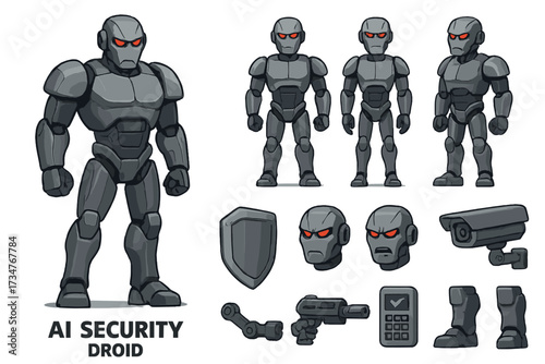 AI Security Droid Showcase. Cartoon realistic vector illustration, Character constructor style, isolated