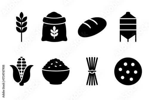 Food Production Icons. Food Production. Filled icon set of Food Production: wheat stalk, flour bag, bread loaf