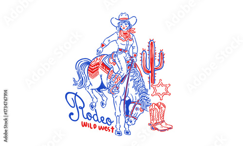 vintage line art illustration of a rodeo cowgirl. Retro wild west artwork for a t-shirt print