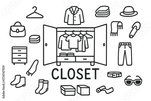 Doodle Closet Illustration. Closet. Hand-drawn doodle illustration of Closet. In the middle, one slightly
