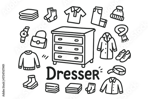 Dresser Doodle Design. Dresser. Hand-drawn doodle illustration of Dresser. In the middle, one slightly larger