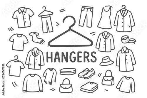 Doodle Hangers Ensemble. Hangers. Hand-drawn doodle illustration of Hangers. In the middle, one slightly