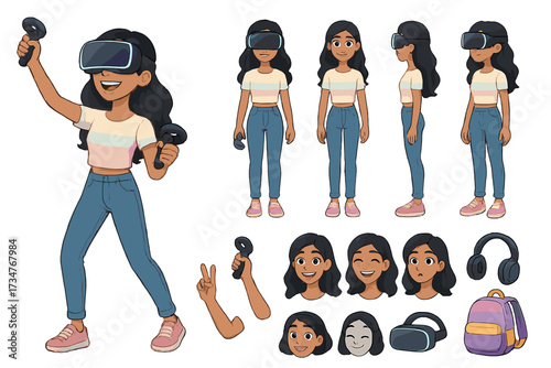 VR Girl Character Constructor. Cartoon realistic vector illustration, Character constructor style, isolated