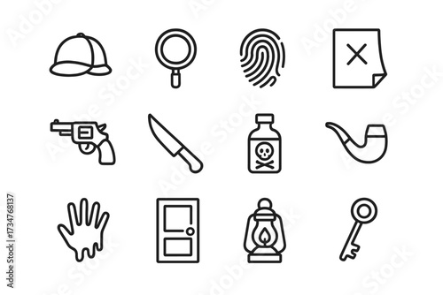Murder Mystery Icons. Hosting a murder mystery party with costumes and clues. Line outline icon set of Hosting