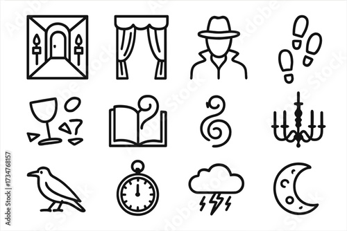 Mystery Icon Set. Hosting a murder mystery party with costumes and clues. Line outline icon set of Hosting a
