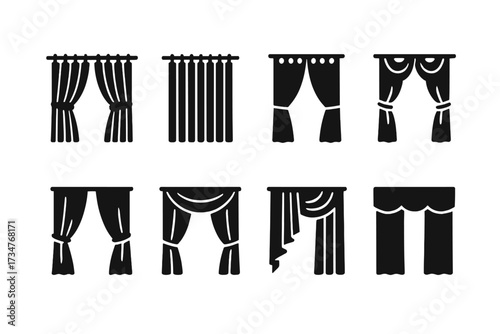 Decorative Curtains Icons. Decorative Curtains. Filled icon set of Decorative Curtains: pleated curtains,