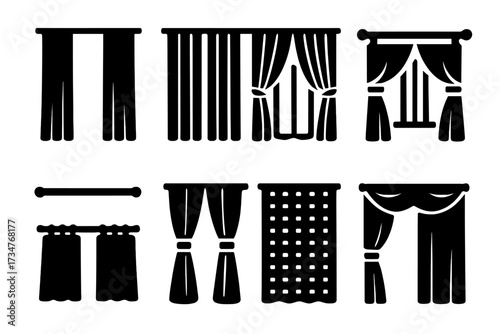 Living Room Curtains Icons. Living Room Curtains. Filled icon set of Living Room Curtains: long drapes, sheer