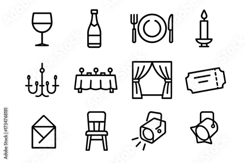 Murder Mystery Icons. Hosting a murder mystery party with costumes and clues. Line outline icon set of Hosting