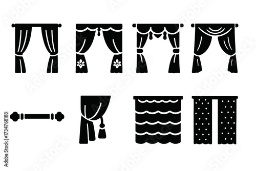 Luxury Curtain Icons. Luxury Curtains. Filled icon set of Luxury Curtains: velvet drapes, embroidered curtains