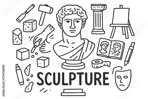 Classical Sculpture Doodles. Sculpture. Hand-drawn doodle illustration of Sculpture. In the middle, one