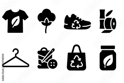 Sustainable Fashion Icons. Sustainable Fashion. Filled icon set of Sustainable Fashion: eco t-shirt, organic