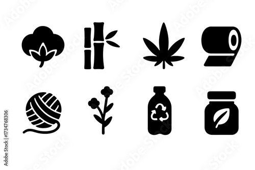 Eco Materials Icons. Eco Materials. Filled icon set of Eco Materials: cotton plant, bamboo stalk, hemp leaf,