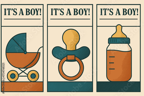 Retro Baby Posters. It’s a Boy!. Three or two minimalist vintage-style posters placed side by side in one