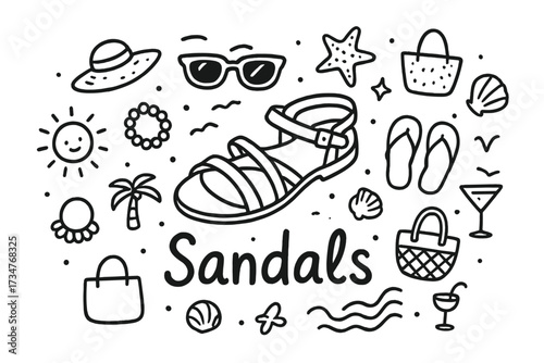 Doodle Sandals Scene. Sandals. Hand-drawn doodle illustration of Sandals. In the middle, one slightly larger