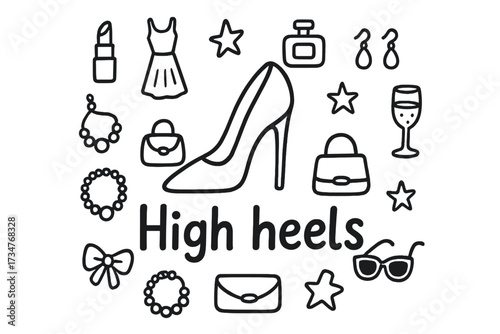 High Heels Doodle. High heels. Hand-drawn doodle illustration of High heels. In the middle, one slightly