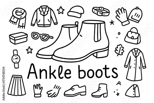 Ankle Boots Doodle. Ankle boots. Hand-drawn doodle illustration of Ankle boots. In the middle, one slightly