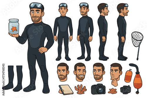 Marine Biologist Character Design. Cartoon realistic vector illustration, Character constructor style,