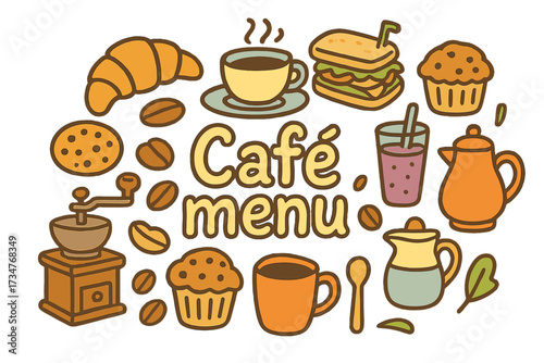 Café Menu Doodle. Café menu. Hand-drawn doodle illustration of Café menu. chalkboard menu, coffee cup,