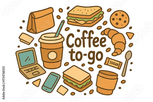Coffee To-Go Doodle. Coffee to-go. Hand-drawn doodle illustration of Coffee to-go. paper cup, lid, straw,